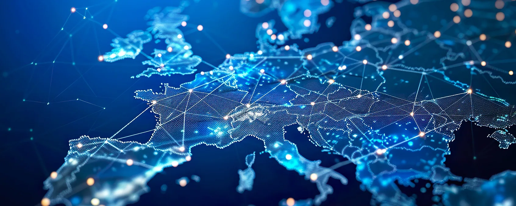 glowing dots and connectivity network across map of Europe
